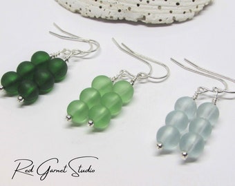 Beaded Green Seaglass Earrings Dangle- Sterling Silver- Gold Filled- Sea Glass Jewelry- Ocean Gift Her- Beach Gift Mom- Resort Wear Women