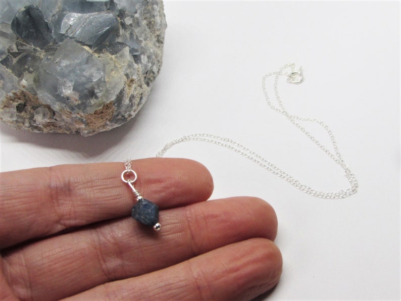 Raw Blue Sapphire Crystal Necklace Natural Stone Pendant Throat & 3rd Eye Chakra Healing Wisdom Love Purity September Birthstone Jewelry image 4