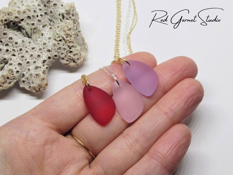 Purple, Pink or Red Sea Glass Necklace for Women Teardrop Pendant Sterling Silver Gold Filled Seaglass Jewelry Beach Gift for Mom Her image 2