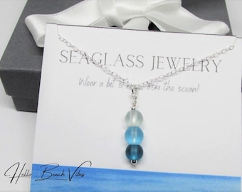 Ombre Blue Sea Glass Necklace- Teal, Turquoise & Aqua Beaded Pendant- 925 Sterling Silver or 14K Gold Filled- Seaglass Beach Glass Jewelry