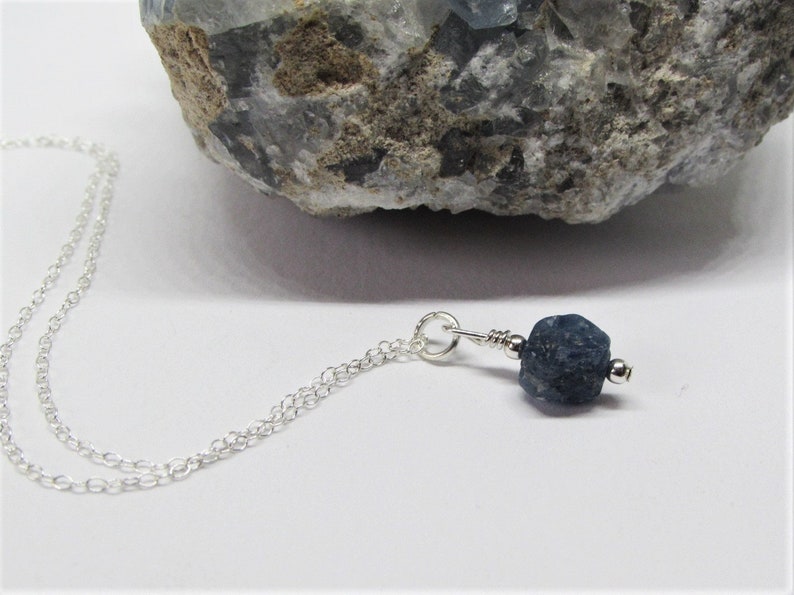 Raw Blue Sapphire Crystal Necklace Natural Stone Pendant Throat & 3rd Eye Chakra Healing Wisdom Love Purity September Birthstone Jewelry image 2