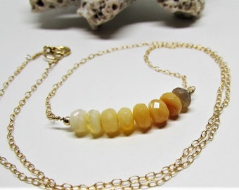 Mexican Fire Opal Bar Necklace- Faceted Rondelle Beads- Brown Orange Yellow White- 14K Gold Filled- Natural Stones Gemstone Jewelry