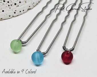 Sea Glass Bead Wire-Wrapped Hair Fork Set of 3, Silver U Shaped 3" Hair Pin, Chignon Bun Formal Updo Pin for Wedding Bride Bridesmaid Gift