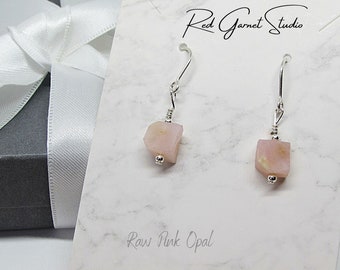 Raw Pink Opal Earrings Dangle- Natural Stones- Sterling Silver or 14K Gold Filled- Heart Chakra Healing Crystal Jewelry- Love Gift for Her