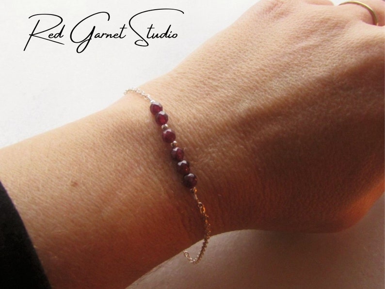 Dainty Garnet Bracelet for Women Tiny Red Gemstone Beads Sterling Silver Gold Filled January Birthstone Jewelry Birthday Gift for Her image 5