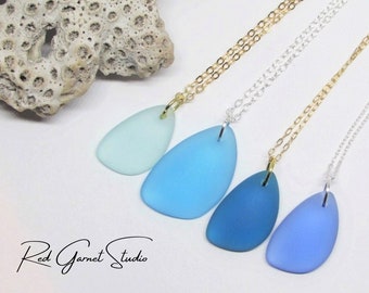 Blue Sea Glass Necklace for Women- Teardrop Pendant- Sapphire Teal Turquoise Aqua- Sterling Silver- Gold Filled- Seaglass Jewelry Beach Gift