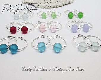 Dainty Sea Glass Hoop Earrings- Sterling Silver Hoops 15mm- Blue Seaglass Jewelry- Green Beach Glass- Ocean Gift Mom- Beach Gift for Her