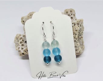 Ombre Blue Sea Glass Earrings- Teal, Turquoise, Aqua Beaded Dangles- 925 Sterling Silver or 14K Gold Filled- Seaglass Beach Glass Jewelry