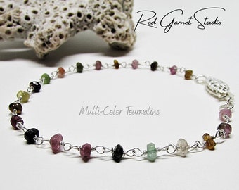 Multi Tourmaline Bracelet- Multicolor Beaded Bracelet for Women- Rainbow Gemstone Bracelet Dainty- Sterling Silver- Art Deco Style Jewelry