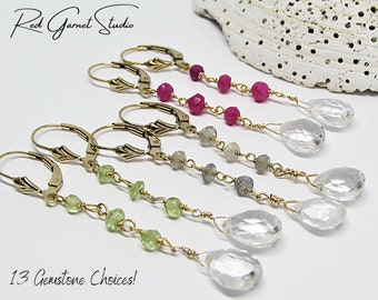 Gemstone Dangle Earrings- Long Beaded Earrings- Quartz Briolette Crystal- Sterling Silver- 14K Gold Filled Leverback- Art Deco Style Jewelry