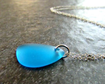 Blue Sea Glass Pendant Necklace- Sterling Silver, 14K Gold Filled or Rose Gold Fill- Seaglass Beach Glass Jewelry- Ocean Lover Gift for Mom