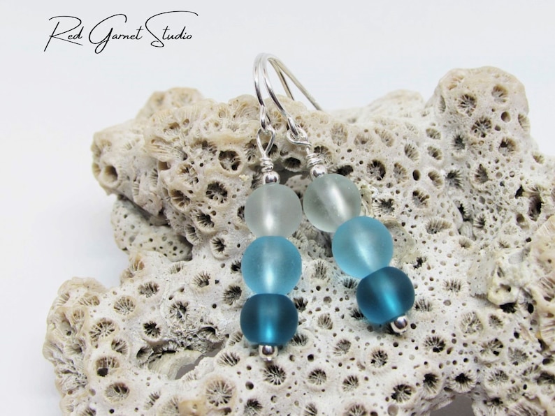 Blue Sea Glass Earrings Dangle Teal Turquoise Aqua Ombre Earrings Seaglass Earrings Sterling Silver Gold Filled Beach Glass Jewelry image 5