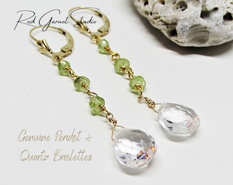 Green Peridot Earrings- Beaded Dangle Earrings- Quartz Crystal Briolette- Gold Filled Leverbacks- Long Gemstone Earrings- Art Deco Jewelry