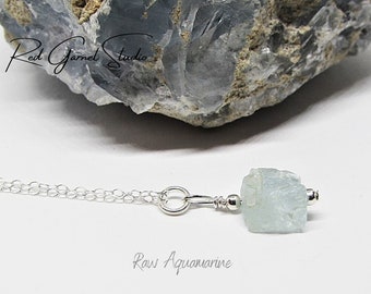 Raw Aquamarine Crystal Necklace- Blue Stone Pendant- Throat Chakra Healing- Anxiety and Stress Relief- March Birthstone- Meditation Jewelry