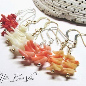 Dainty Sea Coral Branch Dangle Earrings- White, Orange, Pink or Red Bamboo Coral Sticks- Sterling Silver or Gold Filled- Beach Jewelry Women