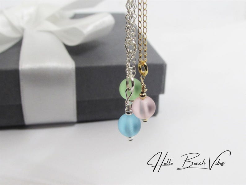 Dainty Sea Glass Necklace Beaded Pendant Custom Color Sterling Silver