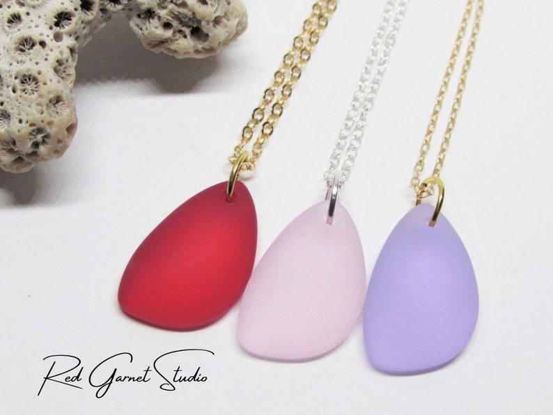 Purple, Pink or Red Sea Glass Necklace for Women Teardrop Pendant Sterling Silver Gold Filled Seaglass Jewelry Beach Gift for Mom Her image 1