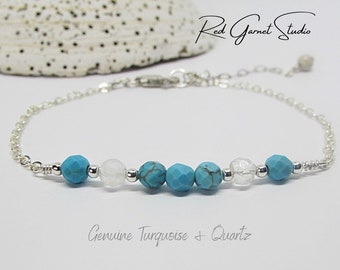 Dainty Blue Turquoise Bracelet- Sterling Silver- Natural Stone Beads- Layering Bracelet- Turquoise Jewelry Women- December Birthstone Gift