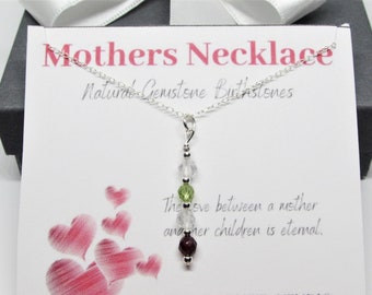 Mothers Necklace with Kids Birthstones- Tiny Gemstone Pendant- Sterling Silver or 14K Gold Filled- 1, 2, 3, 4, 5 Children- Mom Jewelry Gift