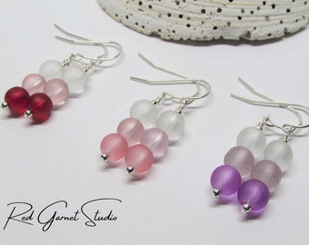 Sea Glass Earrings- Red, Pink or Purple Beads- Ombre Earrings- Seaglass Earrings- Sterling Silver- Gold Filled- Beach Glass Jewelry for Her