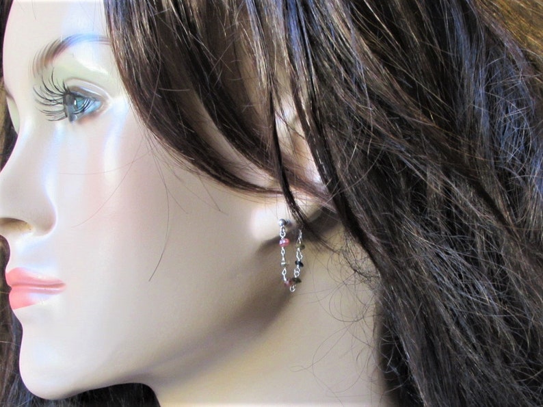 Multi Tourmaline Hoop Earrings Sterling Silver Hoops Beaded Huggie Earrings with Stones Dainty Gemstone Hoops October Birthstone Jewelry image 6