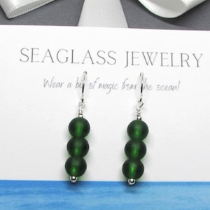 Emerald Green Beaded Earrings- Sea Glass Dangles- 925 Sterling Silver or 14K Gold Filled- Seaglass Beach Glass Jewelry- Ocean Gift Women