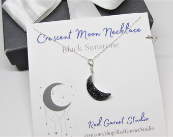 Sparkly Black Sunstone Crescent Moon Pendant Necklace- Sterling Silver 14K Gold Filled Chain- Natural Gemstone Jewelry- Celestial Gift Idea