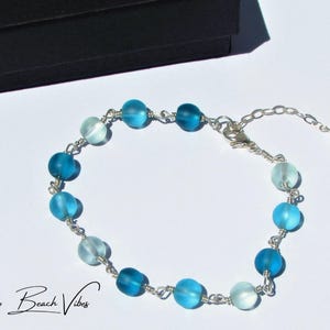 Wire-Wrapped Ombre Blue Sea Glass Beaded Bracelet- Sterling Silver or Gold Filled- Seaglass Beach Glass Jewelry- Cruise Resort Wear Women