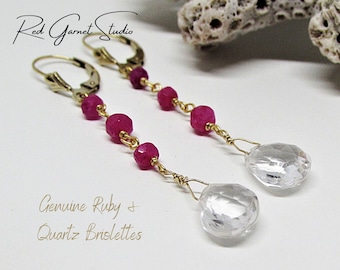 Genuine Ruby Earrings- Hot Pink Beaded Dangle Earrings- Quartz Crystal- 14K Gold Filled Leverbacks- Long Gemstone Earrings- Art Deco Jewelry