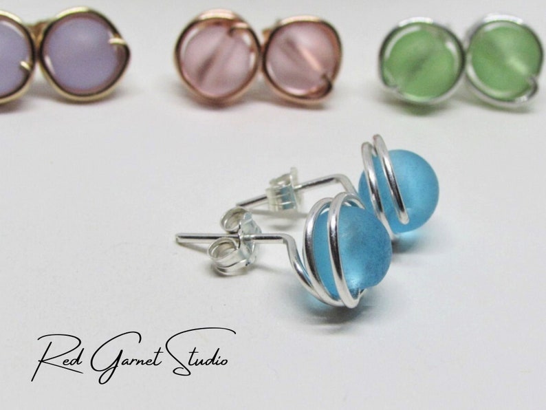 Tiny Sea Glass Stud Earrings for Women Hypoallergenic Sterling Silver or 14K Gold Filled Wire Wrapped Seaglass Jewelry Ocean Beach Gifts image 2