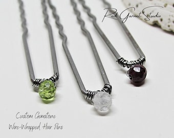 Custom Gemstone Wire-Wrapped Hair Pins (Set of 3)- Silver U Shaped Hair Forks- Chignon Bun Formal Updo- Birthstone Jewelry- Birthday Gift