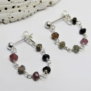 Multi Tourmaline Hoop Earrings Sterling Silver Hoops Beaded Huggie Earrings with Stones Dainty Gemstone Hoops October Birthstone Jewelry image 2