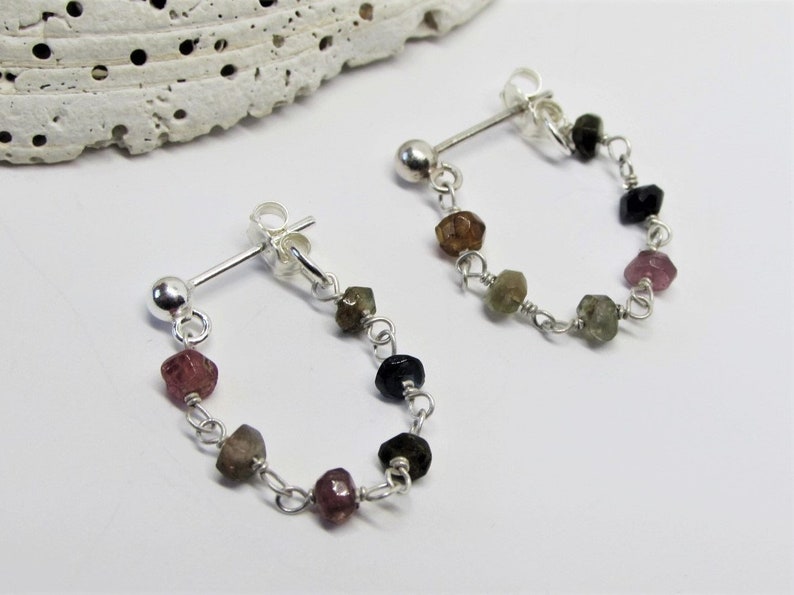 Multi Tourmaline Hoop Earrings Sterling Silver Hoops Beaded Huggie Earrings with Stones Dainty Gemstone Hoops October Birthstone Jewelry image 2