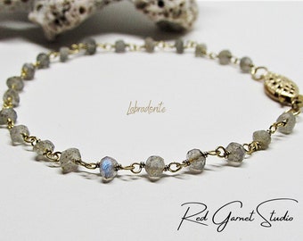 Labradorite Bead Bracelet- Gray Beaded Bracelet for Women- Gemstone Bracelet Dainty- Sterling Silver or Gold Filled- Art Deco Style Jewelry