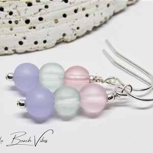 Long Pastel Sea Glass Beaded Dangle Earrings- Pink, Green, Purple Beads- Sterling Silver or Gold Filled- Beach Lovers Gift- Ocean Jewelry