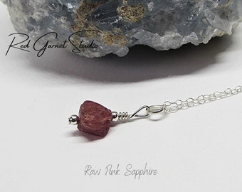 Raw Pink Sapphire Necklace- Dainty Crystal Pendant- Unconditional Love- Heart Chakra Healing- Calming Stone- Anxiety Stress Relief Jewelry