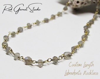 Dainty Labradorite Necklace- Bead Necklace for Women- Long Gemstone Necklace- Labradorite Choker- Sterling Silver or Gold- Art Deco Jewelry