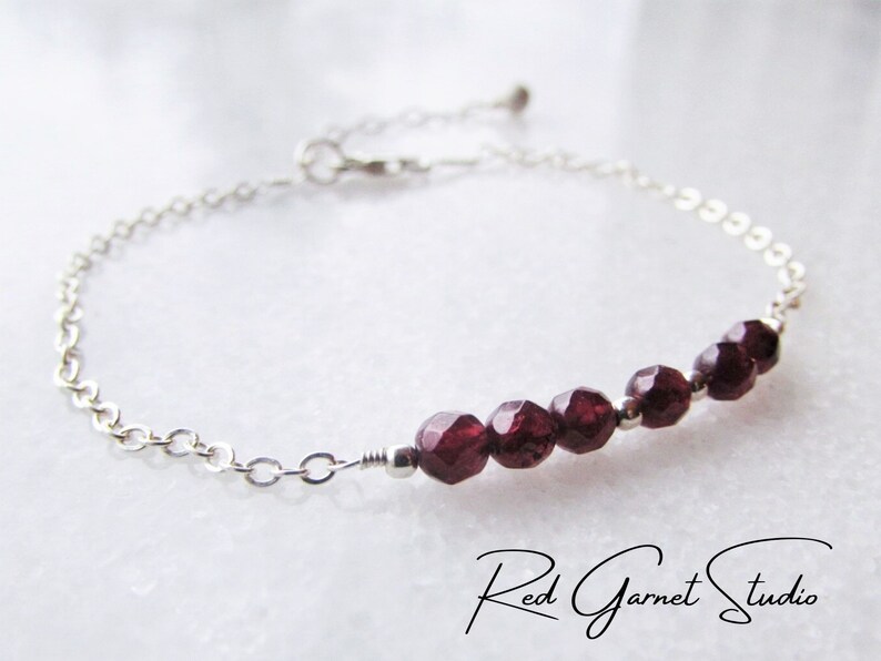 Dainty Garnet Bracelet for Women Tiny Red Gemstone Beads Sterling Silver Gold Filled January Birthstone Jewelry Birthday Gift for Her image 1