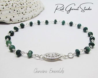 Genuine Green Emerald Bracelet- Beaded Crystal Bracelet for Women- Natural Gemstone Bracelet Dainty- Sterling Silver- Art Deco Style Jewelry