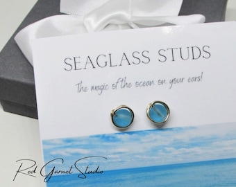 Tiny Blue Sea Glass Stud Earrings for Women Hypoallergenic- Sterling Silver or Gold Filled Wire Wrapped- Seaglass Jewelry- Beach Gift Her