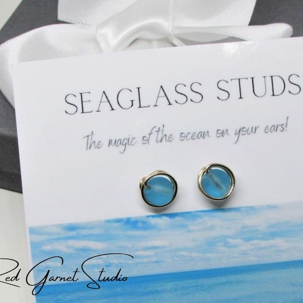 Tiny Blue Sea Glass Stud Earrings for Women Hypoallergenic- Sterling Silver or Gold Filled Wire Wrapped- Seaglass Jewelry- Beach Gift Her