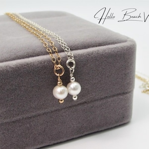 Dainty Freshwater Pearl Necklace- White Single Pearl Pendant- Sterling Silver Gold Filled- June Birthstone- Wedding Bridal Prom Jewelry