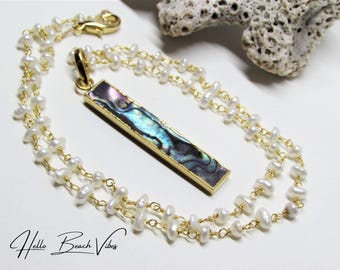 Collar con colgante de concha de abulón azul Paua - Cadena de perlas envuelta en alambre de oro laminado de 14 quilates - Joyería playera
