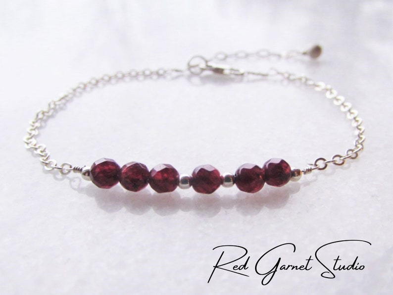 Dainty Garnet Bracelet for Women Tiny Red Gemstone Beads Sterling Silver Gold Filled January Birthstone Jewelry Birthday Gift for Her Garnet