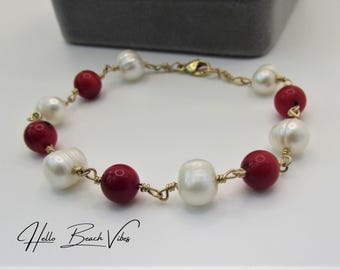 Pulsera de coral rojo y perla de agua dulce - Plata de ley/oro bañado en oro - Ocean Beach Jewelry
