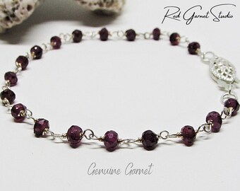 Red Garnet Crystal Bracelet- Tiny Beaded Bracelet for Women- Natural Gemstone Bracelet Dainty- Sterling Silver- Art Deco Style Jewelry