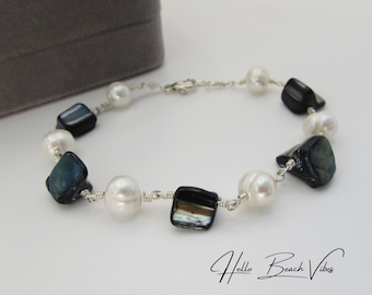 Pulsera de concha de abulón azul y perla de agua dulce - Plata de ley/oro bañado en alambre - Joyería Beach Ocean