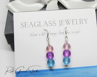 Zen Sea Glass Dangle Earrings- Calming Pink Blue Purple Seaglass Beads- Sterling Silver- Gold Fill- Meditation Spiritual Jewelry- Yoga Gift