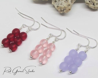 Pink, Purple or Red Seaglass Earrings for Women- Long Beaded Dangles- Sterling Silver- Gold Filled- Sea Glass Jewelry- Beach Gifts for Mom