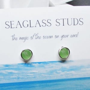 Green Sea Glass Stud Earrings for Women Hypoallergenic- Sterling Silver or Gold Filled Wire Wrapped- Seaglass Jewelry- Beach Gift Ideas